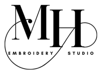 The logo of MHB Embroidery Studio features white and black text in a modern design.