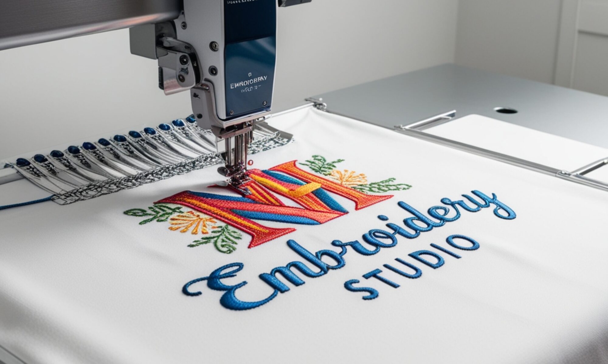 A sewing machine carefully stitches a plain cloth decorated with elaborate embroidery designs