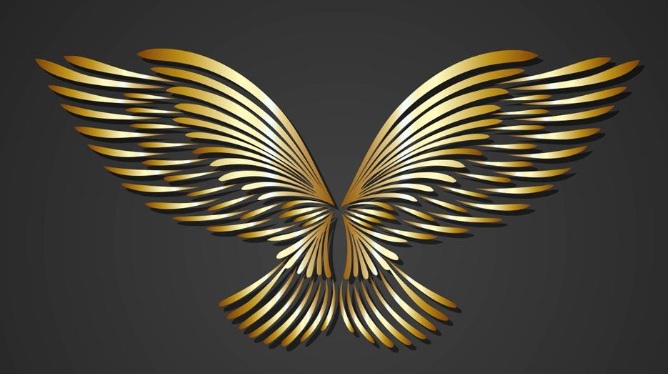 Stylized gold and black abstract design resembling outstretched bird wings on a dark background.