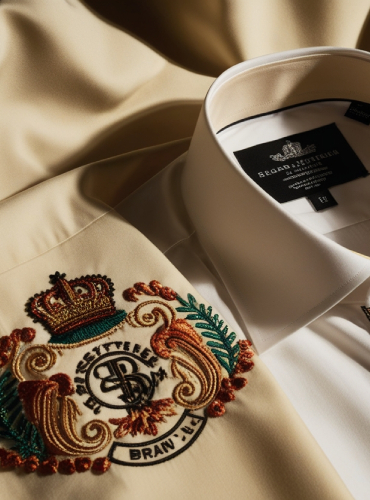 Close-up of a luxurious beige shirt featuring ornate embroidered crest and elegant collar, showcasing fine craftsmanship.