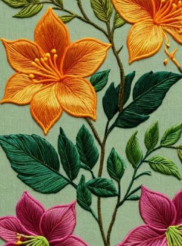 Colorful embroidered flowers in orange, pink, and green on a light green fabric background, showcasing intricate stitching details.